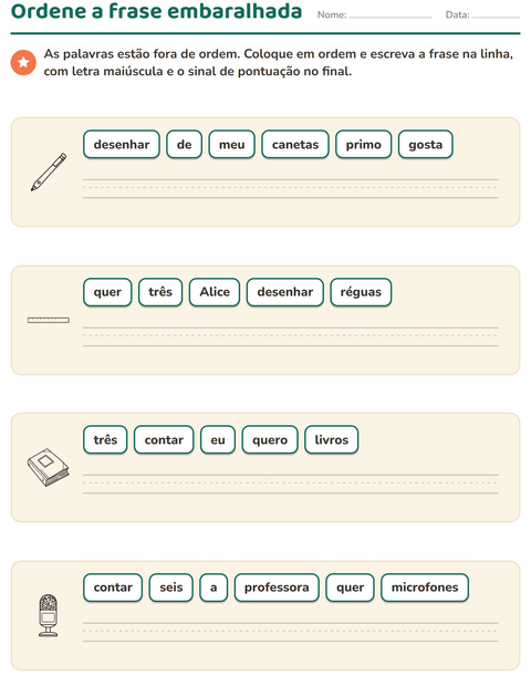 Pré-visualização da ficha de Frases embaralhadas com Sala de aula (P&B) para 1º ano do ensino fundamental