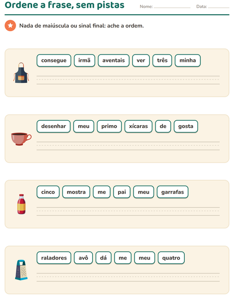 Pré-visualização da ficha de Frases embaralhadas com Utensílios de cozinha para 1º ano do ensino fundamental
