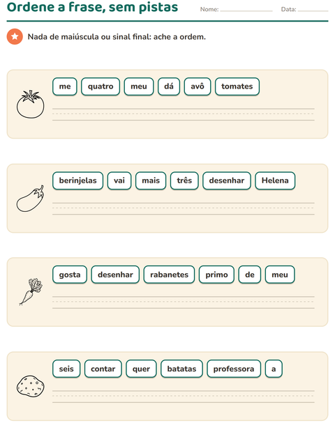 Pré-visualização da ficha de Frases embaralhadas com Vegetais PB para 1º ano do ensino fundamental