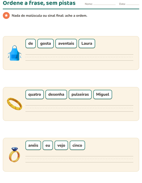 Pré-visualização da ficha de Frases embaralhadas com Acessórios para 1º ano do ensino fundamental