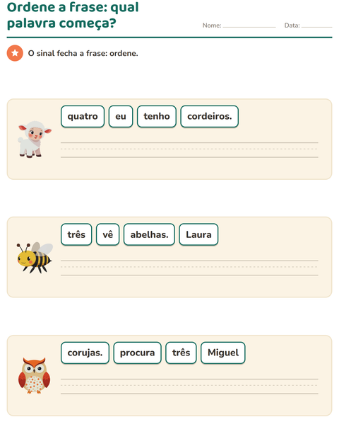 Pré-visualização da ficha de Frases embaralhadas com Animais da fazenda para 1º ano do ensino fundamental