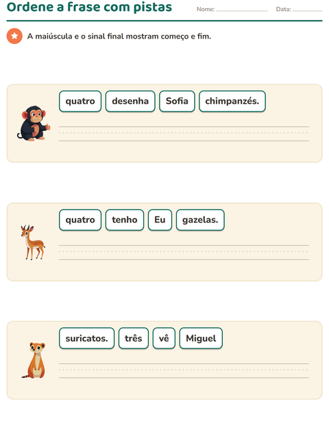 Pré-visualização da ficha de Frases embaralhadas com Animais do zoológico para 1º ano do ensino fundamental