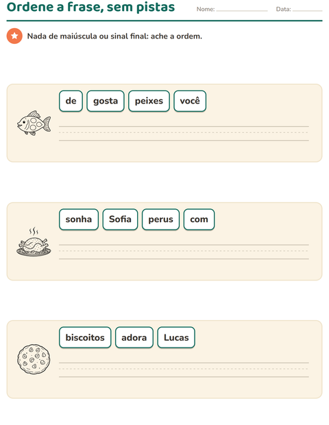 Pré-visualização da ficha de Frases embaralhadas com Comida PB para 1º ano do ensino fundamental