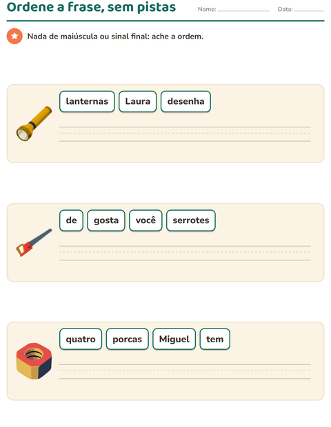 Pré-visualização da ficha de Frases embaralhadas com Ferramentas para 1º ano do ensino fundamental