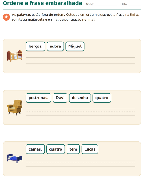 Pré-visualização da ficha de Frases embaralhadas com Móveis para 1º ano do ensino fundamental
