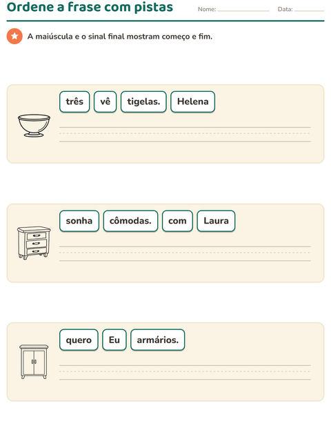 Pré-visualização da ficha de Frases embaralhadas com Móveis PB para 1º ano do ensino fundamental