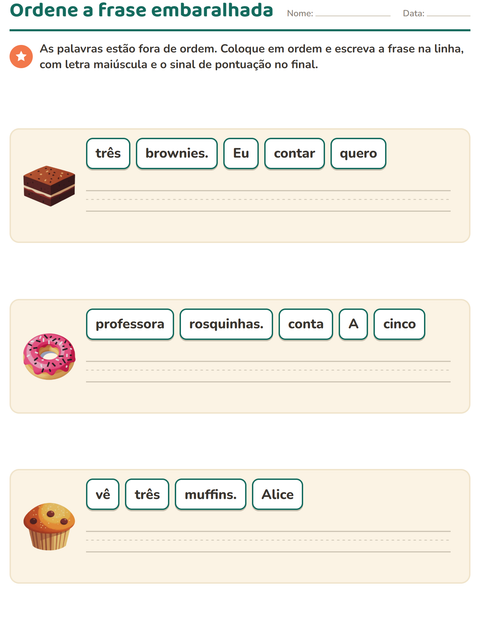 Pré-visualização da ficha de Frases embaralhadas com Sobremesas e doces para 1º ano do ensino fundamental