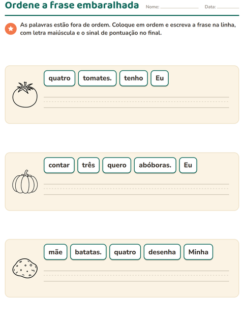 Pré-visualização da ficha de Frases embaralhadas com Vegetais PB para 1º ano do ensino fundamental