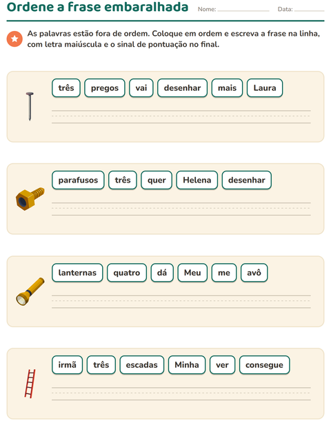 Pré-visualização da ficha de Frases embaralhadas com Ferramentas para 1º ano do ensino fundamental