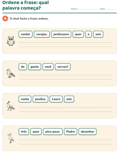 Pré-visualização da ficha de Frases embaralhadas com Pássaros P&B para 1º ano do ensino fundamental