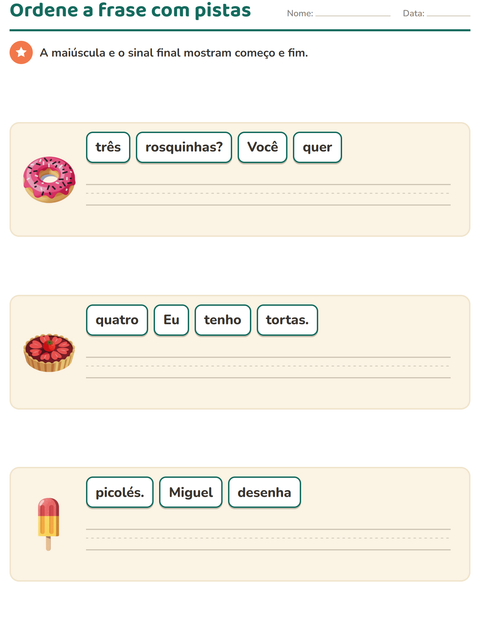 Pré-visualização da ficha de Frases embaralhadas com Sobremesas e doces para 1º ano do ensino fundamental