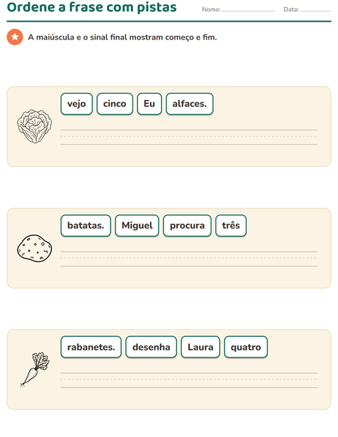 Pré-visualização da ficha de Frases embaralhadas com Vegetais PB para 1º ano do ensino fundamental