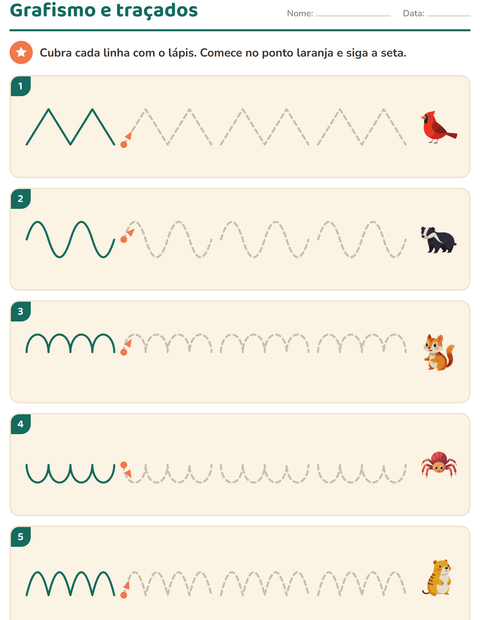 Pré-visualização da ficha de Grafismo e traçados com Criaturas da floresta para Educação infantil (pré-escola, 5-7 anos)