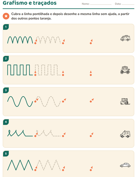 Pré-visualização da ficha de Grafismo e traçados com Veículos PB 3 para Educação infantil (pré-escola, 5-7 anos)