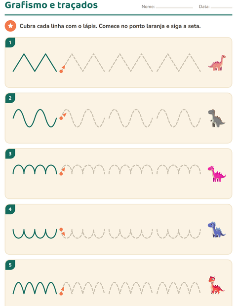 Pré-visualização da ficha de Grafismo e traçados com Dinossauros para Educação infantil (pré-escola, 5-7 anos)