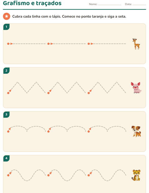 Pré-visualização da ficha de Grafismo e traçados com Animais para Educação infantil (pré-escola, 5-7 anos)