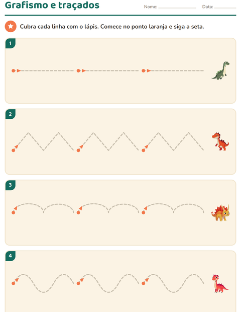 Pré-visualização da ficha de Grafismo e traçados com Dinossauros para Educação infantil (pré-escola, 5-7 anos)