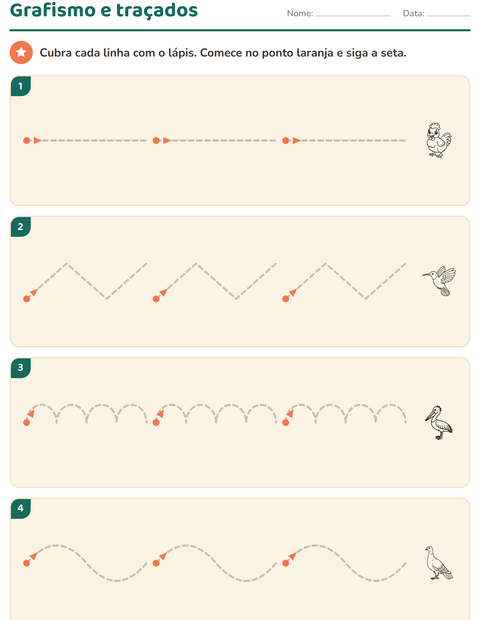 Pré-visualização da ficha de Grafismo e traçados com Pássaros P&B para Educação infantil (pré-escola, 5-7 anos)