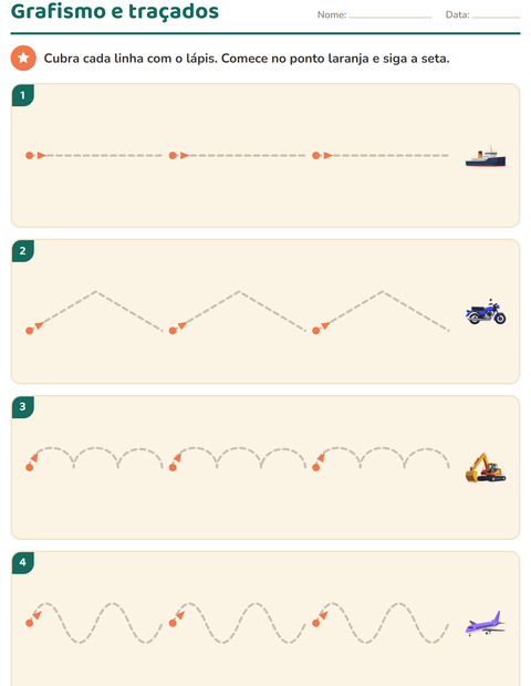 Pré-visualização da ficha de Grafismo e traçados com Veículos para Educação infantil (pré-escola, 5-7 anos)