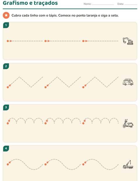 Pré-visualização da ficha de Grafismo e traçados com Veículos PB para Educação infantil (pré-escola, 5-7 anos)