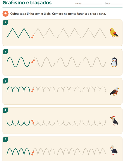 Pré-visualização da ficha de Grafismo e traçados com Pássaros para Educação infantil (pré-escola, 5-7 anos)