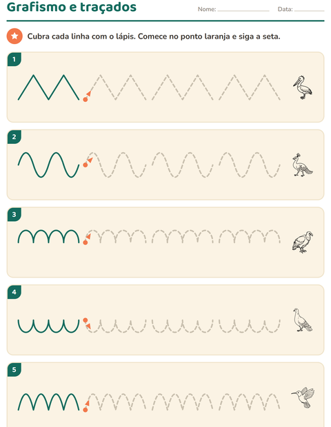 Pré-visualização da ficha de Grafismo e traçados com Pássaros P&B para Educação infantil (pré-escola, 5-7 anos)