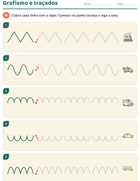 Pré-visualização da ficha de Grafismo e traçados com Veículos PB 2 para Educação infantil (pré-escola, 5-7 anos)