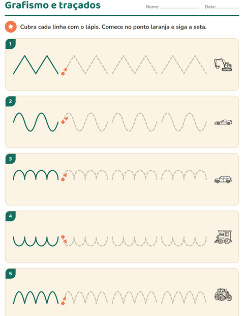 Pré-visualização da ficha de Grafismo e traçados com Veículos PB para Educação infantil (pré-escola, 5-7 anos)