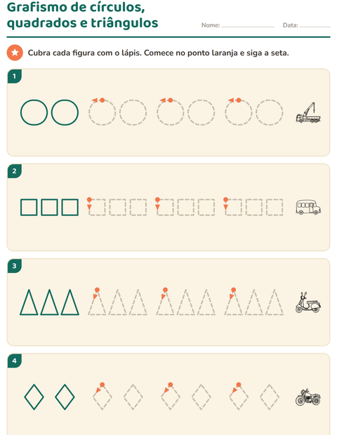Pré-visualização da ficha de Grafismo e traçados com Veículos PB para Educação infantil (pré-escola, 5-7 anos)
