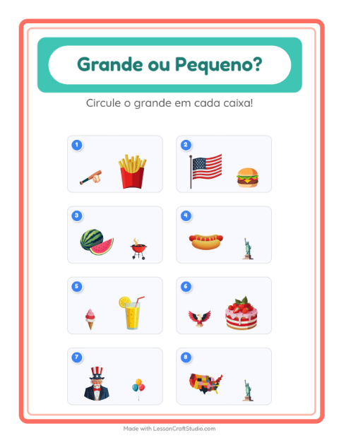 Pré-visualização da ficha de Grande Ou Pequeno com 4 de Julho para Educação infantil (creche, 3-5 anos)