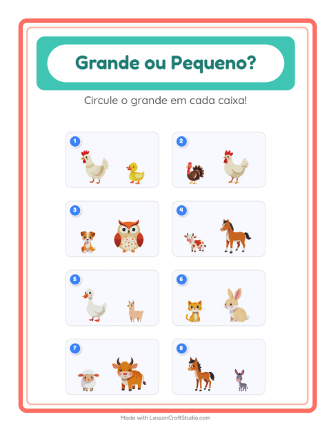 Pré-visualização da ficha de Grande Ou Pequeno com Animais da fazenda para Educação infantil (creche, 3-5 anos)