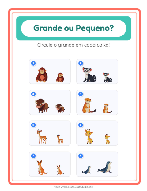Pré-visualização da ficha de Grande Ou Pequeno com Animais do zoológico para Educação infantil (creche, 3-5 anos)