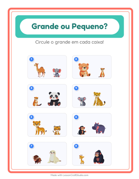 Pré-visualização da ficha de Grande Ou Pequeno com Animais do zoológico para Educação infantil (creche, 3-5 anos)