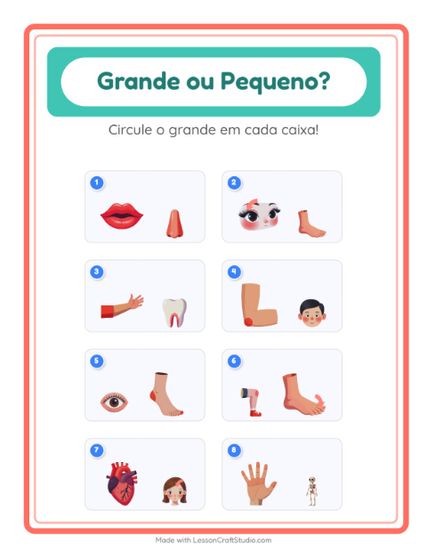 Pré-visualização da ficha de Grande Ou Pequeno com Partes do corpo para Educação infantil (creche, 3-5 anos)