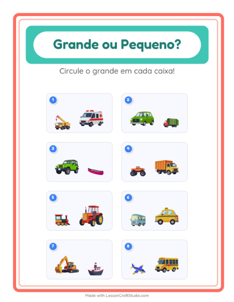 Pré-visualização da ficha de Grande Ou Pequeno com Veículos para Educação infantil (creche, 3-5 anos)