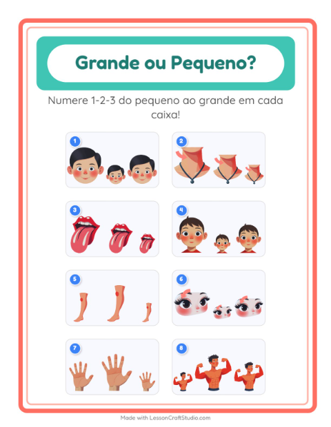 Pré-visualização da ficha de Grande Ou Pequeno com Partes do corpo para Educação infantil (creche, 3-5 anos)