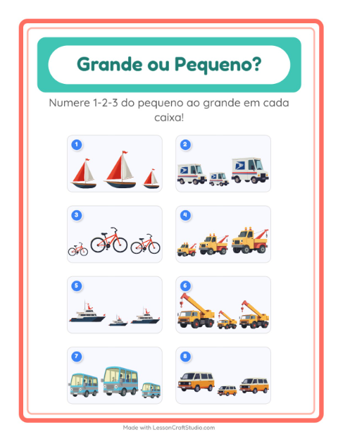 Pré-visualização da ficha de Grande Ou Pequeno com Veículos para Educação infantil (creche, 3-5 anos)
