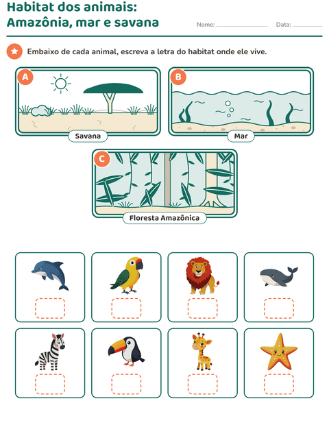 Habitat dos animais: Amazônia, mar e savana