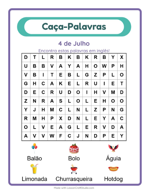 Pré-visualização da ficha de Caça-palavras com 4 de Julho para 1º ano do ensino fundamental