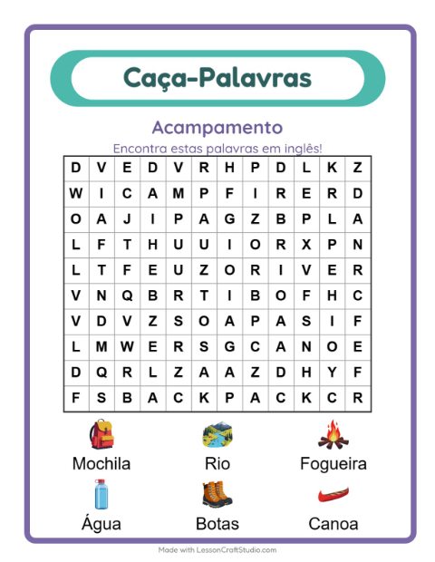 Caça-palavras em inglês – Acampamento