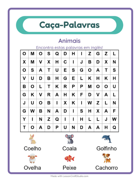 Prévia: Aprender inglês: Animais – caça-palavras para crianças