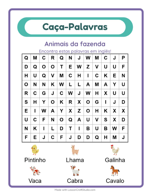 Caça-palavras em inglês – Animais da fazenda