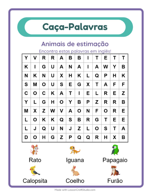 Prévia: Aprender inglês: Animais de estimação – caça-palavras para crianças