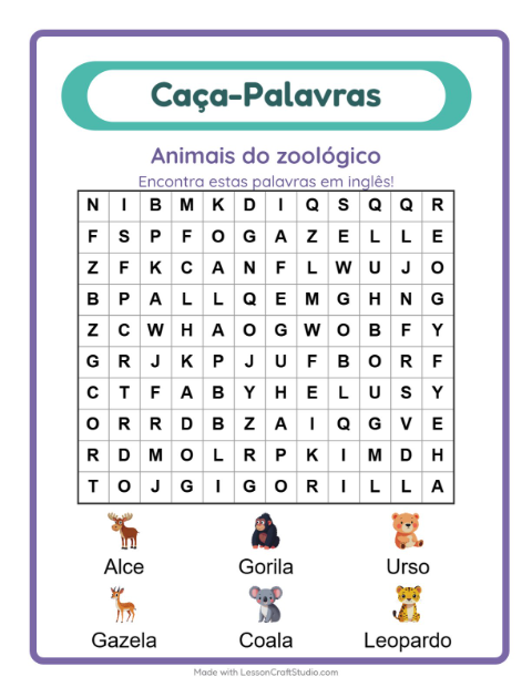 Prévia: Aprender inglês: Animais do zoológico – caça-palavras para crianças