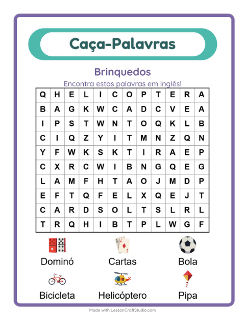 Prévia: Aprender inglês: Brinquedos – caça-palavras para crianças