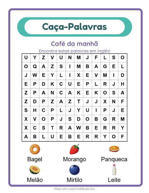 Caça-palavras em inglês – Café da manhã
