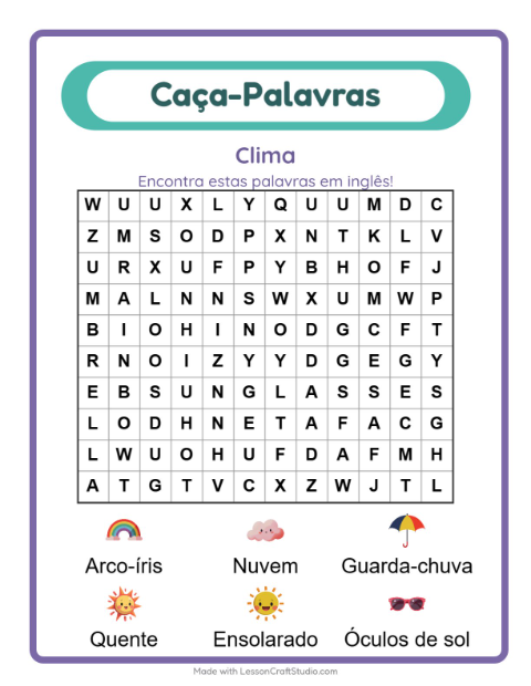 Caça-palavras em inglês – Clima