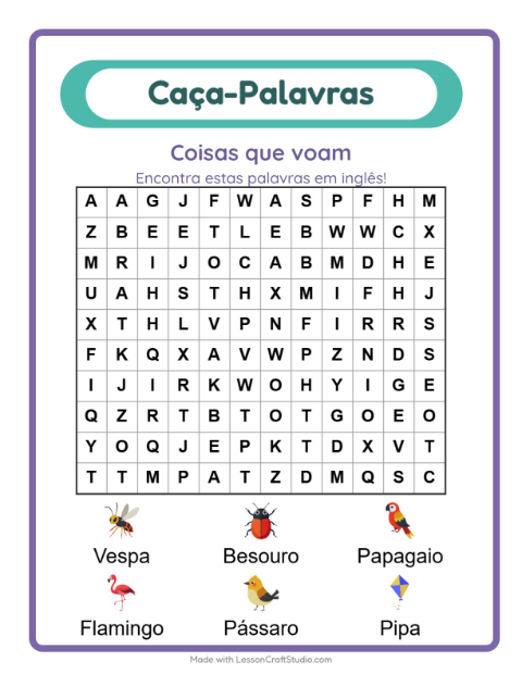 Caça-palavras em inglês – Coisas que voam