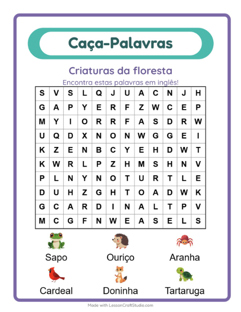 Caça-palavras em inglês – Criaturas da floresta