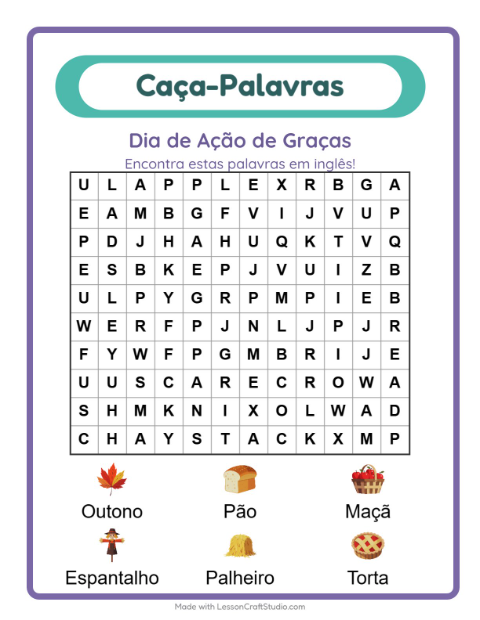 Caça-palavras em inglês – Dia de Ação de Graças